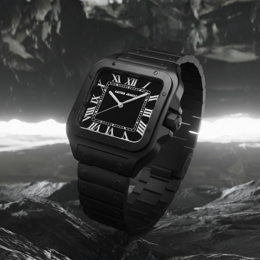 Black Cartier watch against a mountainous landscape